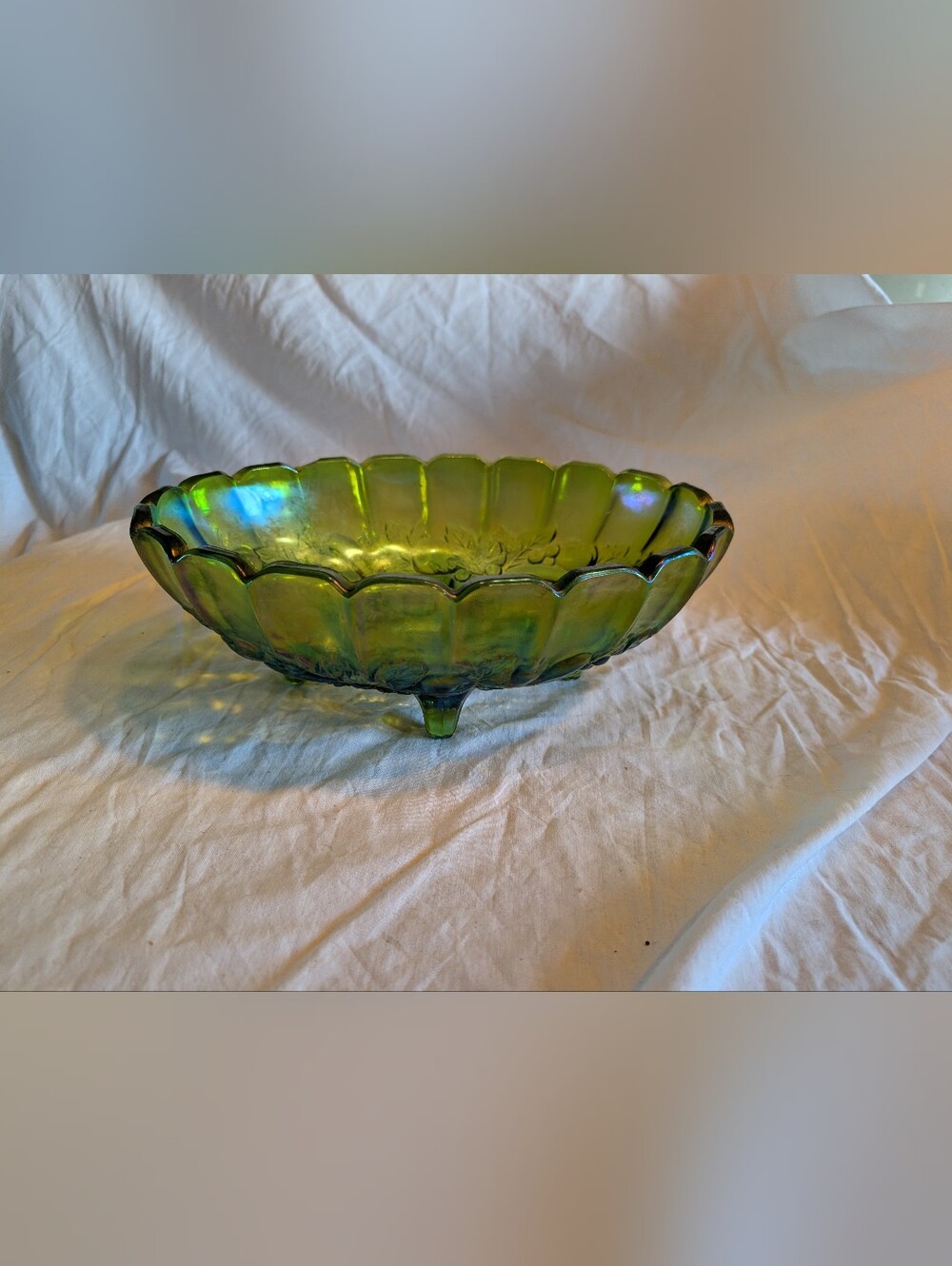 2/60$ Indiana Glass Iridescent Green Footed Scalloped Bowl